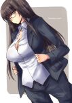  1girl bangs black_hair black_jacket black_pants black_suit blunt_bangs breasts cleavage commentary_request covered_nipples dress_shirt expressionless formal girls_und_panzer glasses jacket large_breasts long_hair long_sleeves looking_at_viewer nishizumi_shiho pant_suit pants purple_eyes shinshin shirt sidelocks solo straight_hair suit twitter_username 