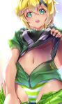  1000 1girl akatsuki_kirika ass ass_visible_through_thighs blonde_hair blush breasts clothes_pull green_eyes green_hoodie hair_ornament highres hood hoodie looking_at_viewer medium_breasts navel open_clothes open_hoodie open_mouth panties senki_zesshou_symphogear shiny shiny_hair shiny_skin shirt_lift shorts shorts_pull simple_background smile solo standing striped striped_panties underwear white_background x_hair_ornament 