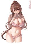  1girl alternate_costume blush bra breasts brown_hair cherry_blossoms cleavage clothes_pull cowboy_shot ebifurya eyebrows_visible_through_hair hair_between_eyes highres holding kantai_collection large_breasts lifted_by_self long_hair long_sleeves looking_at_viewer navel official_alternate_costume panties pink_bra pink_panties ponytail simple_background solo sweater sweater_pull twitter_username underwear white_background yamato_(kancolle) 