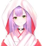  1girl black_choker blush bride choker closed_mouth dreamoon green_eyes hair_ornament hairclip highres hololive hood hood_down japanese_clothes kimono long_hair looking_at_viewer o-ring o-ring_choker purple_hair smile solo tokoyami_towa uchikake upper_body virtual_youtuber white_hood white_kimono 