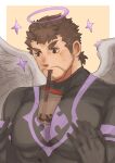  1boy absurdres angel angel_wings bara beard black_bodysuit blush bodysuit brown_hair bubble_tea bubble_tea_challenge covered_abs cup disposable_cup drinking_straw facial_hair feathered_wings grabbing halo highres large_pectorals male_focus matcha_modoki_(mutou_444) mature_male meme muscular muscular_male nether_angel_(tokyo_houkago_summoners) object_on_pectorals pectoral_grab pectorals self_fondle short_hair sideburns simple_background skin_tight solo stubble tokyo_houkago_summoners upper_body wings 