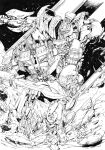  2boys andrew_griffith arm_blade autobot clenched_hand commission decepticon english_commentary fighting greyscale mecha megatron monochrome multiple_boys no_humans open_mouth optimus_prime science_fiction sharp_teeth teeth transformers transformers:_revenge_of_the_fallen transformers_(live_action) weapon 