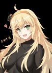  1girl absurdres ahoge black_background blonde_hair blush breasts character_name collarbone eyebrows_visible_through_hair girls_frontline green_eyes heart heart_print highres jiafei2o3 large_breasts long_hair looking_at_viewer messy_hair open_mouth s.a.t.8_(girls_frontline) smile solo 
