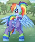  absurd_res anus blue_body blue_feathers blush butt clothing equid equine feathers female feral friendship_is_magic genitals hi_res looking_back mammal my_little_pony pearlyiridescence pegasus pussy rainbow_dash_(mlp) solo torn_clothing wings 