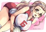  1girl :d bare_shoulders blonde_hair breasts cleavage girls_und_panzer glasses green_eyes hair_pulled_back hairband huge_breasts leaning_forward long_hair looking_at_viewer open_mouth red_footwear red_shorts sasaki_akebi semi-rimless_eyewear shinshin shirt shorts sleeveless sleeveless_shirt smile solo sportswear steaming_body sweat teeth twitter_username under-rim_eyewear volleyball volleyball_uniform wet wet_clothes 