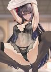  1girl armpits arms_up babydoll bangs black_babydoll black_hair black_legwear black_panties blurry blurry_background blush breasts cameltoe cleavage collarbone commentary_request eyebrows_visible_through_hair hair_between_eyes hair_ornament hair_ribbon indoors kesoshirou long_hair looking_at_viewer medium_breasts navel original panties parted_lips purple_eyes red_ribbon ribbon shirt solo squatting thighhighs underwear white_shirt 