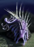  2021 ambiguous_gender black_eyes digital_drawing_(artwork) digital_media_(artwork) dot_eyes feral gabuded hallucigenia lobopod looking_at_viewer marine multi_leg multi_limb purple_body solo spikes spikes_(anatomy) spines tentacles underwater water worm xenusiid 