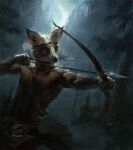  2017 anthro arrow biped black_body black_fur black_nose bow_(weapon) brown_body brown_fur canid canine clothed clothing detailed_background digital_media_(artwork) forest fox fur green_eyes hi_res holding_object holding_weapon male mammal night nomax outside plant ranged_weapon sky solo topless tree weapon 