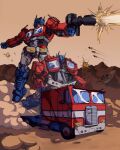  1980s_(style) 1boy absurdres ark_(transformers) autobot blue_eyes clenched_hand dust english_commentary firing ground_vehicle gun highres holding holding_gun holding_weapon mecha missile motor_vehicle no_humans norkles optimus_prime retro_artstyle transformation transformers truck weapon 