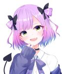  1girl :d alternate_costume bangs black_choker black_ribbon blush bow bowtie choker collared_shirt demon_tail dreamoon dress_shirt fang green_eyes hair_bow hair_ribbon hand_to_own_mouth highres hololive looking_at_viewer o-ring o-ring_choker open_mouth purple_hair purple_neckwear purple_sweater ribbon school_uniform shirt short_hair smile solo sweater swept_bangs tail tokoyami_towa two_side_up uniform upper_body upper_teeth virtual_youtuber white_shirt 