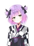  1girl bangs black_hakama black_kimono blush bow checkered checkered_kimono choker closed_mouth dreamoon earrings eyelashes green_eyes hair_bow hair_ribbon hair_rings hakama highres hololive japanese_clothes jewelry kimono lace lace_choker looking_at_viewer official_alternate_costume purple_hair ribbon short_hair smile solo swept_bangs tokoyami_towa two-tone_kimono two_side_up upper_body virtual_youtuber white_kimono 