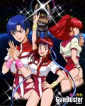  3girls amano_kazumi arm_up ass blue_eyes blue_hair blue_headband brown_eyes commentary_request cowboy_shot crop_top cropped_legs earrings earth_(planet) green_eyes gunbuster gunbuster_pose headband highres index_finger_raised jewelry jung_freud kei-co leotard long_hair mecha multiple_girls nail_polish pink_leotard planet ponytail profile red_hair red_leotard red_nails retro_artstyle ring short_hair short_sleeves space sparkle super_robot takaya_noriko top_wo_nerae! wristband 