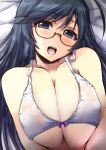  1girl ahoge black_eyes black_hair bra breasts cleavage clip_studio_paint_(medium) from_above girls_und_panzer glasses isuzu_hana large_breasts long_hair looking_at_viewer lying on_back open_mouth shinshin smile solo underwear upper_body upper_teeth white_bra 