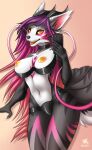  2021 5_fingers anthro areola black_body black_fur breasts digital_media_(artwork) ezcett female fingers fur hair hi_res horn hybrid navel nipples open_mouth purple_hair smile solo teeth tongue 