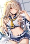  1girl ;&lt; alternate_hairstyle armpits ascot ayanami_(azur_lane) azur_lane bangs bed bed_sheet belt blue_skirt choker collarbone commentary_request detached_sleeves eyebrows_visible_through_hair eyes_visible_through_hair hair_ornament hairclip headgear long_hair looking_at_viewer midriff navel orange_eyes pleated_skirt ponytail retrofit_(azur_lane) school_uniform serafuku sidelocks silver_hair sitting skirt solo sugisaki_yuu thighhighs two_side_up white_legwear wide_sleeves zettai_ryouiki 