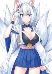  1girl absurdres adjusting_mask animal_ears azur_lane bangs blue_eyes blue_skirt breasts cleavage collarbone commentary_request eyebrows_visible_through_hair eyes_visible_through_hair fox_ears fox_girl fox_mask fox_tail highres japanese_clothes kaga_(azur_lane) kyuubi large_breasts long_hair looking_at_viewer mask mask_on_head multiple_tails natie pleated_skirt sidelocks simple_background skirt solo tail white_background white_hair wide_sleeves 