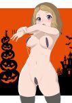  1girl ass_visible_through_thighs black_legwear blush breasts commentary_request covered_nipples cowboy_shot eyelashes grey_eyes halloween hands_up highres light_brown_hair long_hair makoto_daikichi navel open_mouth pokemon pokemon_(anime) pokemon_xy_(anime) serena_(pokemon) slingshot_swimsuit solo swimsuit thighhighs tongue 
