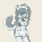  2021 anthro belly blue_eyes blush breasts butt canid canine canis cleavage clothed clothing fingers fluffy fluffy_tail fur grey_body grey_fur grey_hair hair hi_res kemonngo kemono long_hair looking_at_viewer maid_uniform mammal medium_breasts multicolored_body multicolored_fur navel open_mouth open_smile simple_background smile snout solo standing teeth tongue tuft two_tone_body two_tone_fur uniform white_body white_fur wolf 