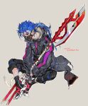  1boy alternate_costume alternate_weapon beads blue_hair cu_chulainn_(fate)_(all) cu_chulainn_(fate/stay_night) dog_tags earrings fate/stay_night fate_(series) fingerless_gloves full_body g0ringo gloves grey_background hair_beads hair_ornament highres hood hood_down hoodie jewelry long_hair male_focus mask mouth_mask muzzle pants polearm ponytail red_eyes sandals simple_background sitting sketch socks solo spiked_hair strap weapon 