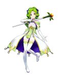  1girl amagai_tarou bangs bare_shoulders blush boots closed_mouth criss-cross_halter dress elbow_gloves fire_emblem fire_emblem:_the_sacred_stones fire_emblem_heroes full_body gloves green_eyes green_hair hair_ornament halterneck highres holding jewelry l&#039;arachel_(fire_emblem) leg_up long_hair looking_at_viewer official_art shiny shiny_hair sleeveless smile solo staff standing thigh_boots thighhighs tied_hair transparent_background white_footwear white_gloves younger 
