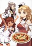  3girls ;d apron armpits arms_up bare_shoulders blonde_hair bottle braid breasts brown_eyes brown_hair corset dark_skin dark_skinned_female dress fang food french_braid grey_hair hair_ribbon hat highres holding holding_food holding_pizza jiji kantai_collection large_breasts libeccio_(kancolle) long_hair looking_at_viewer mini_hat multiple_girls official_art one_eye_closed open_mouth pizza pola_(kancolle) purple_eyes remodel_(kantai_collection) ribbon sailor_dress shirt sideboob silver_hair skirt sleeveless smile spoon tan tilted_headwear twintails wavy_hair white_shirt white_skirt wine_bottle yellow_eyes zara_(kancolle) 