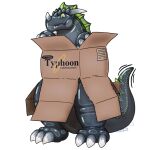  alpha_channel animate_inanimate anthro cardboard cardboard_box dark_blue_body fin horn improvised_clothing in_box in_container inflatable kaiju living_inflatable logo male monster outline printed_eyes simple_background solo tankaakumawani transparent_background white_outline 