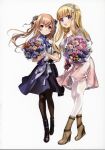  2girls bangs black_ribbon blonde_hair blush bouquet breasts brown_eyes closed_mouth double_bun eyebrows_visible_through_hair fletcher_(kancolle) flower hair_ornament hair_ribbon hairband highres holding holding_bouquet johnston_(kancolle) kantai_collection large_breasts light_brown_hair long_hair looking_at_viewer medium_breasts multiple_girls neckerchief official_art open_mouth purple_eyes ribbon scan scan_artifacts shirt short_sleeves simple_background skirt smile star_(symbol) star_hair_ornament two_side_up white_background white_legwear white_ribbon zeco 