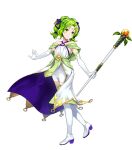  1girl amagai_tarou bangs bare_shoulders boots closed_mouth collarbone criss-cross_halter dress elbow_gloves fire_emblem fire_emblem:_the_sacred_stones fire_emblem_heroes full_body gloves green_eyes green_hair hair_ornament halterneck highres holding jewelry l&#039;arachel_(fire_emblem) long_hair looking_away official_art shiny shiny_hair sleeveless smile solo staff thigh_boots thighhighs tied_hair transparent_background white_footwear white_gloves younger 