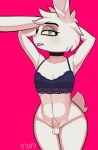  2021 anthro balls biped bottomless bra buckteeth choker clothed clothing crossdressing english_text erection fur genitals girly grey_eyes half-closed_eyes hands_behind_head hi_res jewelry lagomorph leporid licking_teeth looking_at_viewer male mammal narrowed_eyes necklace penis pink_background rabbit scut_tail signature simple_background small_penis small_waist solo teeth texi_(yitexity) text thick_thighs underwear white_body white_fur wide_hips yellow_sclera yitexity 