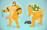 3_toes 5_fingers anthro armband backsack balls biceps bodily_fluids body_hair bowser butt_hair chest_hair claws collar dripping feet finger_claws fingers foreskin front_view genital_fluids genitals hair holding_object horn humanoid_genitalia humanoid_penis kazushi koopa looking_back male mario_bros mostly_nude multiple_poses muscular muscular_anthro muscular_male nintendo nipples nude pecs penis plantigrade pose precum precum_drip rear_view red_eyes red_hair scales scalie shell simple_background solo spiked_shell spikes spikes_(anatomy) tan_body tan_scales toe_claws toes uncut video_games wristband yellow_body 