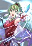  1girl :o armpits bow cowboy_shot dress fire_emblem fire_emblem_awakening fuwamoko_momen_toufu gloves glowing green_eyes green_hair hair_ornament highres long_hair manakete open_mouth pointy_ears ponytail red_dress red_gloves rock short_dress side_slit simple_background solo strapless strapless_dress tiki_(fire_emblem) 