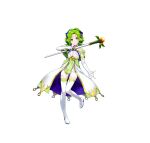  1girl absurdres amagai_tarou bangs bare_shoulders blush boots closed_mouth commentary_request criss-cross_halter dress elbow_gloves fire_emblem fire_emblem:_the_sacred_stones fire_emblem_heroes full_body gloves green_eyes green_hair hair_ornament halterneck highres holding jewelry l&#039;arachel_(fire_emblem) leg_up long_hair looking_at_viewer official_art shiny shiny_hair sleeveless smile solo staff standing thigh_boots thighhighs tied_hair white_background white_footwear white_gloves younger 