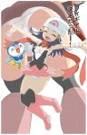  1girl ass beanie black_hair black_legwear boots border breasts cleavage closed_eyes commentary_request dawn_(pokemon) eyelashes floating_scarf gen_4_pokemon hair_ornament hairclip hat highres long_hair makoto_daikichi open_mouth outstretched_arms over-kneehighs panties panties_day pink_footwear piplup pokemon pokemon_(game) pokemon_dppt projected_inset red_scarf scarf sidelocks smile spread_fingers starter_pokemon thighhighs tongue translation_request underwear white_border white_headwear white_panties |d 