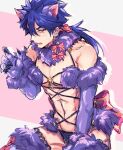  1boy angry animal_ears blue_hair claw_pose claws cosplay crossdressing cu_chulainn_(fate)_(all) cu_chulainn_(fate/prototype) dangerous_beast detached_collar elbow_gloves fate/grand_order fate/prototype fate_(series) fur-trimmed_gloves fur-trimmed_legwear fur_collar fur_trim gloves groin hair_ribbon halloween_costume highres lace-trimmed_legwear lace_trim long_hair looking_at_viewer male_focus mash_kyrielight mash_kyrielight_(cosplay) monster_boy navel o-ring o-ring_top ojitaro12 panties purple_gloves purple_legwear red_eyes revealing_clothes ribbon sketch solo underwear wolf_boy wolf_ears 