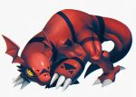  body_markings claws colored_skin commentary_request dated digimon digimon_(creature) digital_hazard film_grain full_body grey_background guilmon highres huge_filesize katabreak looking_to_the_side no_humans red_skin signature simple_background solo tail yellow_eyes 