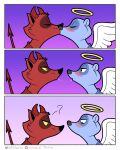  2021 ? angel anthro anthro_on_anthro blush bodily_fluids comic demon duo eye_contact eyes_closed halo hi_res horn kissing looking_at_another looking_down male male/male mammal multiple_scenes narrowed_eyes nik159 procyonid raccoon saliva saliva_string spade_tail text url wings 