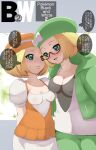  2girls bianca_(pokemon) blonde_hair blush bow breasts cleavage closed_mouth collarbone commentary_request copyright_name covered_nipples dual_persona eye_contact eyelashes glasses green_eyes green_headwear green_jacket green_pants hat hat_bow highres hood hooded_jacket jacket looking_at_another makoto_daikichi multiple_girls open_clothes open_jacket open_mouth orange_headwear pants pokemon pokemon_(game) pokemon_bw pokemon_bw2 semi-rimless_eyewear short_hair short_sleeves skirt speech_bubble sweatdrop thought_bubble tongue translation_request white_skirt yuri 