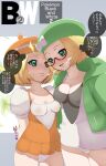  2girls bianca_(pokemon) blonde_hair blush bow breasts breath cleavage closed_mouth collarbone commentary_request copyright_name covered_nipples dual_persona eye_contact eyelashes glasses green_eyes green_headwear green_jacket hat hat_bow highres hood hooded_jacket jacket looking_at_another makoto_daikichi multiple_girls open_clothes open_jacket open_mouth orange_headwear panties pokemon pokemon_(game) pokemon_bw pokemon_bw2 semi-rimless_eyewear short_hair short_sleeves sweatdrop thought_bubble tongue translation_request underwear white_panties yuri 