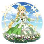  1girl :d armored_boots armpits bangs blonde_hair blue_sky boots braid breasts cleavage cloud detached_sleeves field flower flower_field full_body gloves green_eyes hair_between_eyes hair_tubes highres kneeling layered_skirt leafa long_hair long_sleeves looking_at_viewer medium_breasts miniskirt official_art open_mouth ponytail sideboob skirt sky smile solo sword_art_online sword_art_online:_memory_defrag thigh_boots thighhighs transparent_background twin_braids very_long_hair waist_cape white_footwear white_gloves white_skirt 