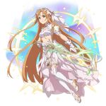  1girl armor asuna_(sao-alo) bra breasts brown_eyes brown_hair cleavage closed_mouth diadem floating_hair frown full_body gloves highres holding holding_sword holding_weapon long_hair medium_breasts midriff official_art shoulder_armor skirt solo stomach sword sword_art_online sword_art_online:_memory_defrag thighhighs transparent_background underwear very_long_hair weapon white_bra white_gloves white_legwear white_skirt 
