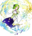 1girl amagai_tarou bangs bare_shoulders blush boots collarbone criss-cross_halter dress elbow_gloves fire_emblem fire_emblem:_the_sacred_stones fire_emblem_heroes full_body gloves green_eyes green_hair hair_ornament halterneck highres holding jewelry l&#039;arachel_(fire_emblem) long_hair looking_away official_art open_mouth petals shiny shiny_hair sleeveless smile solo staff thigh_boots thighhighs tied_hair transparent_background white_footwear white_gloves younger 