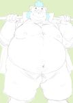  2021 anthro belly blue_hair bottomwear bulge clothing doguma-sin gouryou green_background hair hi_res humanoid_hands kemono male mammal moobs navel nipples obese obese_anthro obese_male overweight overweight_anthro overweight_male pants simple_background solo suid suina sus_(pig) tokyo_afterschool_summoners video_games wild_boar 