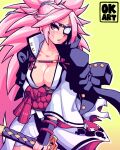  1girl amputee baiken big_hair black_jacket breasts cleavage eyepatch facial_tattoo guilty_gear guilty_gear_xrd highres holding holding_sword holding_weapon jacket jacket_on_shoulders japanese_clothes kataginu kimono large_breasts long_hair no_bra obi okart one-eyed pink_hair ponytail popped_collar red_eyes reverse_grip sash scar scar_across_eye solo sword tattoo thick_eyebrows weapon white_kimono 