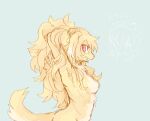  2021 anthro arms_above_head blonde_hair blue_background breasts canid canine featureless_breasts fur hair hi_res kemonngo kemono long_hair looking_at_viewer looking_back mammal medium_breasts nipple_outline nude open_mouth raised_arm red_eyes simple_background snout solo standing taur tuft yellow_body yellow_fur 