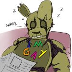  2021 animatronic anthro close-up corpse death english_text eyes_closed five_nights_at_freddy&#039;s five_nights_at_freddy&#039;s_3 fridge_magnet furniture green_body humor lagomorph leporid long_ears machine magnet male mammal monsterdongles multicolored_body newspaper notched_ear rabbit robot simple_background sitting sleeping sofa solo springtrap_(fnaf) teeth text torn_arm torn_body torn_face two_tone_body video_games white_background wire 