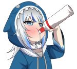  1girl :t alcohol blue_eyes blush bottle chugging derivative_work dribbling drinking gawr_gura hololive hololive_english hood hoodie long_sleeves medium_hair silver_hair simple_background solo sweatdrop vodka white_background zerorespect_bot 
