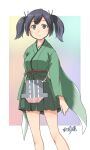  1girl apron black_hair commentary_request cowboy_shot flight_deck gradient_hair green_eyes green_hakama green_kimono hair_ribbon hakama hakama_skirt highres japanese_clothes kantai_collection kimono looking_at_viewer multicolored_hair osamada_meika ribbon smile solo souryuu_(kancolle) standing twintails 