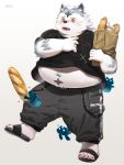  &lt;3 2021 anthro belly bottomwear bread canid canine canis clothing eyes_closed food fur ghost grey_body grey_fur group hi_res humanoid_hands male mammal navel nikiciy overweight overweight_male pants shirt simple_background spirit topwear white_background white_body white_fur wolf 