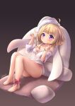  1girl absurdres alternate_costume animal_hat azur_lane bare_shoulders barefoot blonde_hair blush bow breasts bunny_hat closed_mouth commentary_request eyebrows_visible_through_hair fur-trimmed_headwear gradient gradient_background grozny_(azur_lane) grozny_(bunny_remodeling_plan?)_(azur_lane) hat highres lndrmnn looking_at_viewer naked_shirt no_panties official_alternate_costume pillow purple_eyes red_bow shirt sitting small_breasts smile thighs white_shirt 