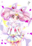  1girl bishoujo_senshi_sailor_moon chibi_usa choker cowboy_shot crescent crescent_earrings double_bun earrings elbow_gloves gloves hair_cones heart heart_choker jewelry magical_girl marco_albiero miniskirt multicolored multicolored_clothes multicolored_skirt petals pink_hair pink_sailor_collar pleated_skirt red_eyes rose_petals sailor_chibi_moon sailor_collar sailor_senshi_uniform signature skirt smile solo super_sailor_chibi_moon twintails white_gloves 